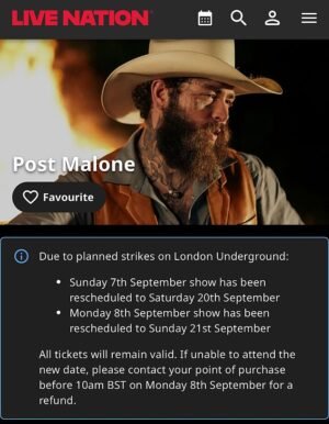 EE. UU. Estrella de música Post Posponiendo el concierto de Londres Malon London Concert a London Concert debido a la firma exigente de aumento de la Unión.
