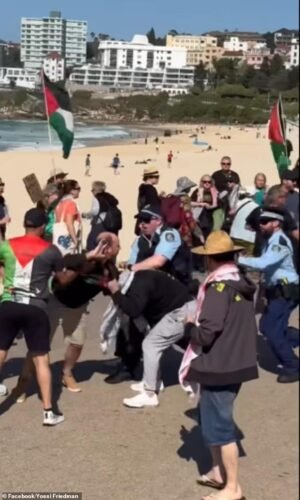 Las espirales espirales y los manifestantes de Palestine Pro-Paddle-Out Chicks the Violent Scenes en el Bond-después de la policía se ven obligados a actuar