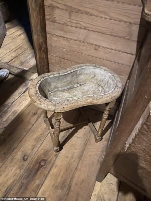 Los búfales flotantes del siglo XIX se encuentran en el tazón de madera de las piernas, pero tiene un uso práctico de ello.