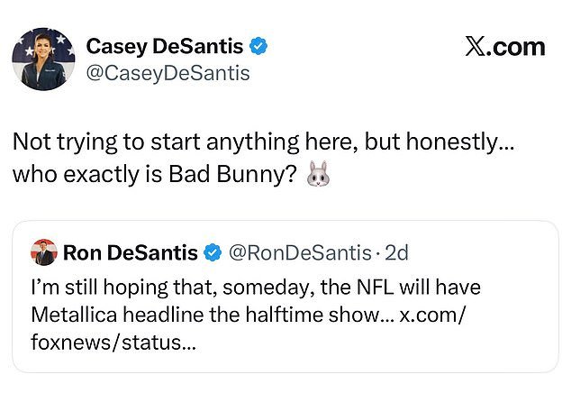 La esposa de Ron DeSantis, Casey, dijo: “¿Quién es malo?” Conservadores Slam Super Bowl Haftime Show Display