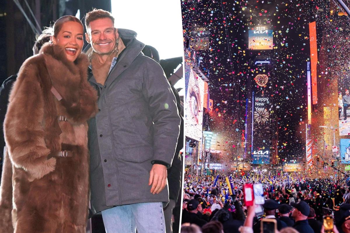 Ryan Seacrest y Rita Ora se dirigen a la multitud de Año Nuevo que usa pañales