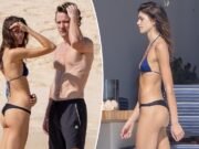 Kaia Gerber luce bikini desparejado con Lewis Pullman en México