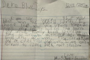 Carta de los Blue Jays a la hija de Max Scherzer por el regreso de papá