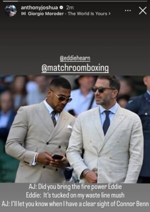 Anthony Joshua le dispara a Conor Benn en una publicación de Instagram mientras el británico muestra su apoyo al promotor Eddie Hearn después de que su ex compañero rival Zuffa Boxing abandonara la sala de partidos.