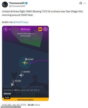 Un vuelo de United Airlines choca con un dron ‘rojo y brillante’ a 3.000 pies de altura